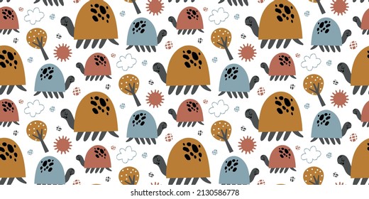 Vector hand drawn colored childish seamless repeat simple flat pattern with turtles, woods, suns, clouds in scandinavian style on 
white background. Pattern with cute animals.