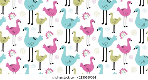 Vector hand drawn colored childish seamless repeat simple flat pattern with flamingos, rainbow in scandinavian style on white background. Pattern with cute animals.