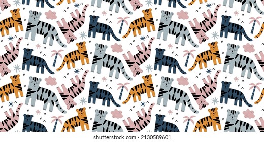 Vector hand drawn colored childish seamless repeat simple flat pattern with tigers in scandinavian style on white background. Pattern with cute animals.