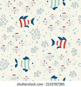 Vector hand drawn colored childish seamless repeating simple flat pattern with fishes in scandinavian style. Cute baby animals. Sea. Ocean.