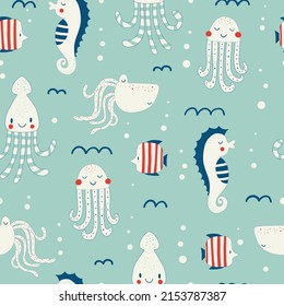 Vector hand drawn colored childish seamless repeating simple flat pattern with seahorses, fishes and octopuses in scandinavian style. Cute baby animals. Pattern for children with sea animals.