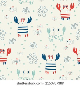 Vector hand drawn colored childish seamless repeat simple flat pattern with crabs and fishes in scandinavian style. Pattern for children with crabs. Sea ocean. Undersea world.