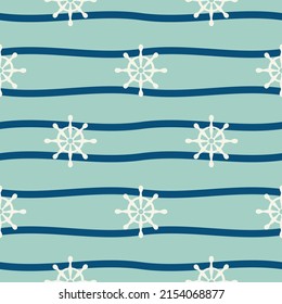 Vector hand drawn colored childish seamless repeat simple flat pattern with ships steering wheel and wawe . Pattern for children. Sea ocean.