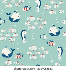 Vector hand drawn colored childish seamless repeating simple flat pattern with seahorses, whales and fishes in scandinavian style. Cute baby animals. Pattern for children with sea animals.