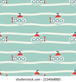 Vector hand drawn colored childish seamless repeat simple flat pattern with submarines in scandinavian style. Cute baby print. Pattern for children.