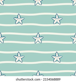 Vector Hand Drawn Colored Childish Seamless Repeating Simple Flat Pattern With Starfish In Scandinavian Style. Cute Baby Animals. Pattern For Children With Whales.