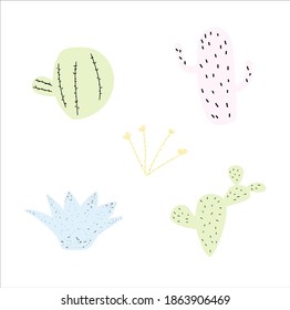 Vector hand drawn colored childrens simple set with cute plants. Multicolored cacti. Clipart set.
