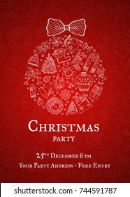 Vector hand drawn colored christmas elements with santa, xmas tree, gifts and bells. Xmas party holiday, illustration of christmas banner