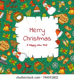 Vector hand drawn colored christmas elements with santa, xmas tree, gifts and old parchment paper background. Winter holiday xmas pattern color with snowflake and star illustration