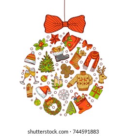Vector hand drawn colored christmas elements with santa, xmas tree, gifts and bells. Xmas and new year round badge and label illustration