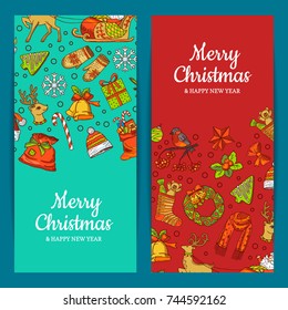 Vector hand drawn colored christmas elements with santa, xmas tree, gifts and bells banner templates with place for text. Xmas holiday card and greeting new year placard illustration