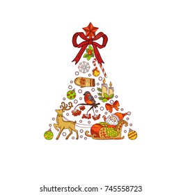 Vector hand drawn colored christmas tree, made of xmas elements with santa, gifts, bows and bells isolated on white background illustration