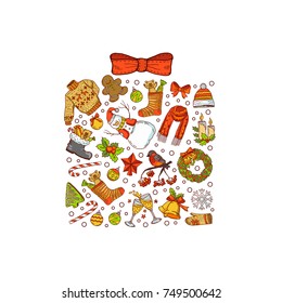 Vector hand drawn colored christmas gift box with bow, made of elements with santa, xmas tree, gifts and bells isolated on white background. Xmas holiday and christmas gift box illustration