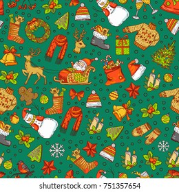 Vector hand drawn colored christmas elements with santa, xmas tree, gifts and bells pattern background illustration