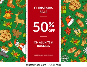 Vector hand drawn colored christmas elements with santa, xmas tree, gifts and bells background with vertical decorative ribbon and place for text illustration