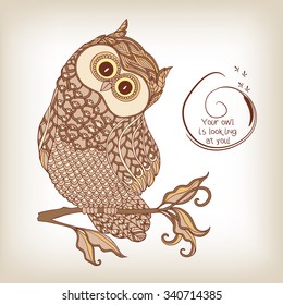 Vector hand drawn colored decorative owl with lettering "you owl is looking for you"