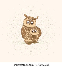 Vector hand drawn colored decorative owls - mom and chick.