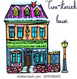 Vector hand drawn colored doodle house, house with snow, winter view, two storied cottage, colored doodle