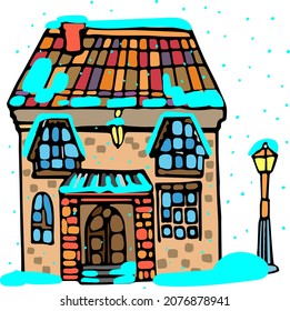 Vector hand drawn colored doodle house, house with snow, winter view, two storied cottage, colored doodle buildings, snowfall