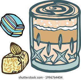 Vector hand drawn colored doodles bar utensil, glass with latte and sweeties, marshmallow, and Turkish delight