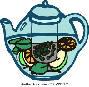 Vector hand drawn colored doodles tea set, objects, transparent glass teapot with fruit tea