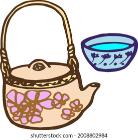 Vector hand drawn colored doodles tea set, ceramic teapot, tea objects