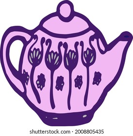 Vector hand drawn colored doodles tea set, violet ceramic teapot