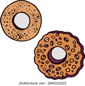 Vector hand drawn colored doodles cookies, bakery elements, sugar bagel