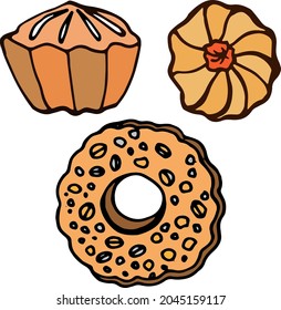 Vector hand drawn colored doodles cookies, bakery elements, cupcake, bagel, muffin, cake