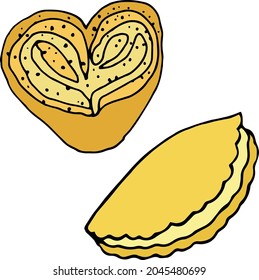 Vector hand drawn colored doodles cookies, bakery elements, bun, bread roll