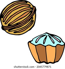 Vector hand drawn colored doodles sweeties, bakery elements, nuts cookie, cupcake, muffin, confectionary