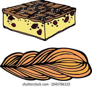 Vector hand drawn colored doodles sweeties, bakery elements, cheese pudding, baklava, confectionary