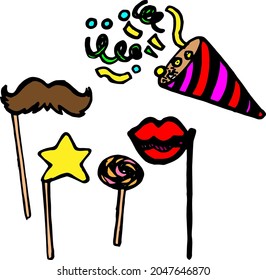 Doodles coloreados dibujados a mano vectora elementos de cumpleaños, objetos de celebración, imágenes prediseñadas, decoraciones de cumpleaños, pop de solla, bigote, labios y estrellas en palo, gorra de confeti