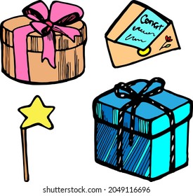 Vector hand drawn colored doodles birthday elements, gift box, pink bow, vector invitation, letter, gift car, star on wood
