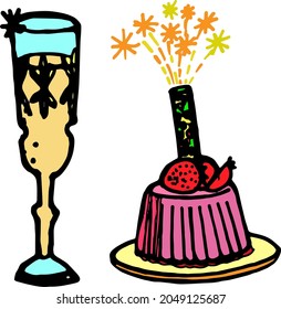 Cumpleaños de doodles de colores dibujados a mano por vectores, una copa de champán, objetos de celebración, torta de cumpleaños, vela de saludo