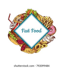 Vector hand drawn colored fast food elements gathered under squared rectangle illustration isolated on plain background