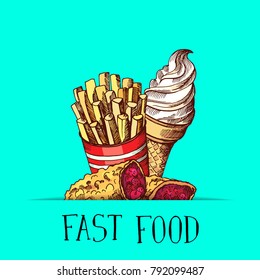 Vector hand drawn colored fast food ice cream, pie and fried potatoes gathered together illustration