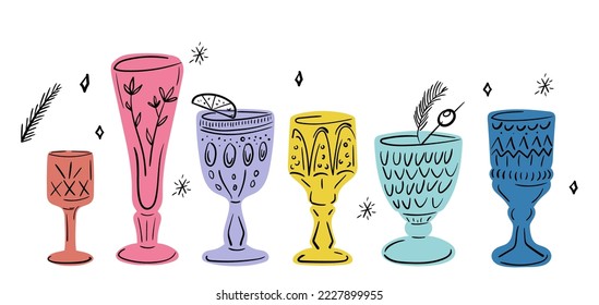 Vector hand drawn colored glass wine glasses. Minimalistic greeting cards design