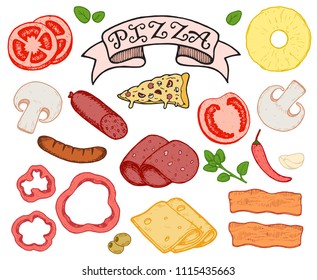 Vector hand drawn colored ingredients for pizza, pizza slice, lettering word "PIZZA" on ribbon. Design elements for pizzeria menu.