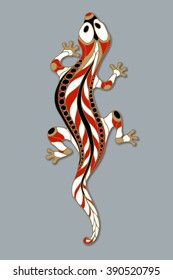 Vector hand drawn colored lizard or salamander with abstract  patterns. Gecko. Beauty reptile decoration with ornament. Design element for avatar, tattoo, prints or t-shirt. Jewelery item, brooch