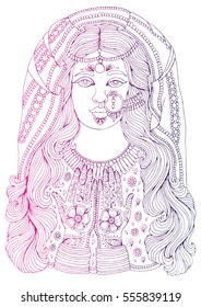 Vector hand drawn colored portrait of an Indian girl with a pattern mehendi on the hands, of the national costume and jewelery. Pattern for coloring page A4 size Indian traditional lifestyle