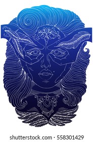 Vector hand drawn colored portrait girl surprised. Girl with feathers tattooed hands gesture shows around eyes binoculars. Ornament dark blue page A4 size. 