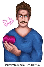 Vector hand drawn colored portrait of a young man with a mustache and trendy brown hairstyle in a blue T-shirt holding a purple satin heart in hand. Greeting card with a date of St. Valentine's Day