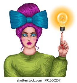 Vector hand drawn colored portrait of a young pensive girl with a big bow in a high hairstyle. Romantic woman thinking, looking up and showing at light bulb to side with her hand idea concept.