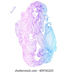Vector hand drawn colored sea mermaid with long wavy hair, holding a starfish, beautiful patterned scaly tail and wavy fins. Coloring page. On a white background