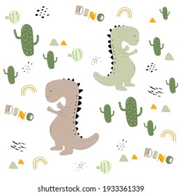 Vector hand drawn colored seamless repeating childrens pattern with cute dinosaurs and cactuses and rainbow in Scandinavian style on white background. Childish pattern with dinosaurs. Cute baby animal