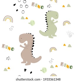 Vector hand drawn colored seamless repeating childrens pattern with cute dinosaurs and cactuses and rainbow in Scandinavian style on white background. Childish pattern with dinosaurs. Cute baby animal