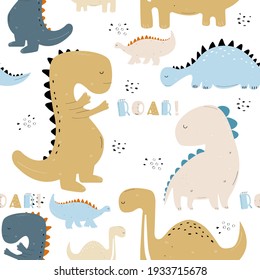 Vector hand drawn colored seamless repeating childrens pattern with cute dinosaurs, plants and doodles in scandinavian style with roar lettering on white background. Children's pattern with dinosaurs.