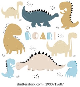 Vector hand drawn colored seamless repeating childrens pattern with cute dinosaurs, plants and doodles in scandinavian style with roar lettering on white background. Children's pattern with dinosaurs.