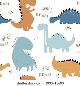 Vector hand drawn colored seamless childrens pattern with cute dinosaurs, plants and doodles in scandinavian style with roar lettering on white background. Children's pattern with dinosaurs. Wallpaper